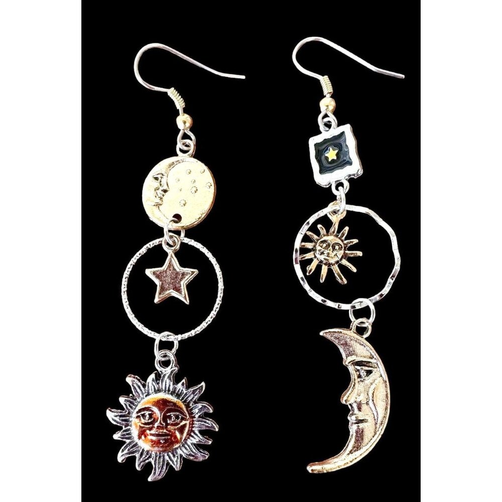 Celestial Sun Moon Stars Earrings Dangle Tarot Halloween Eclectic Mismatched